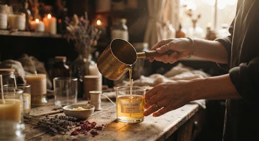 Hands pouring molten wax into candle molds